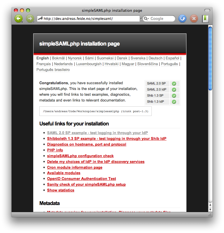 Screenshot of the SimpleSAMLphp installation page.