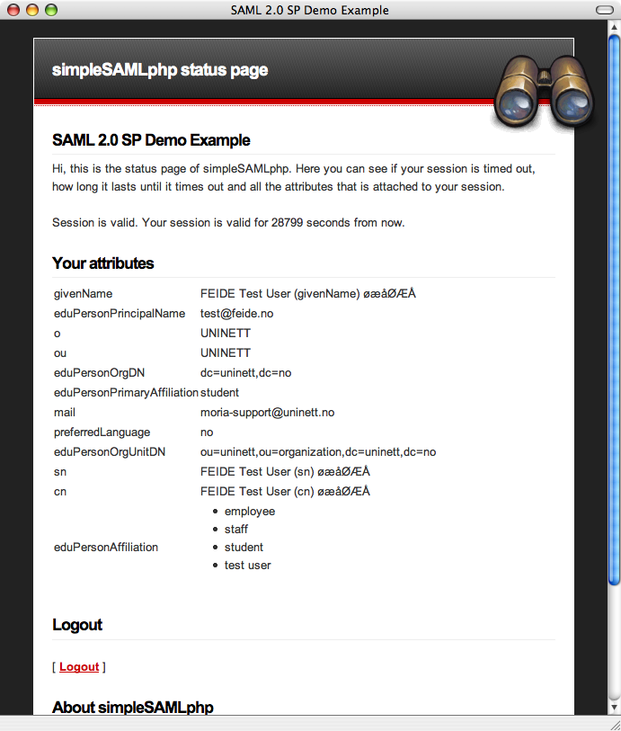 Screenshot of the status page after a user has successfully authenticated