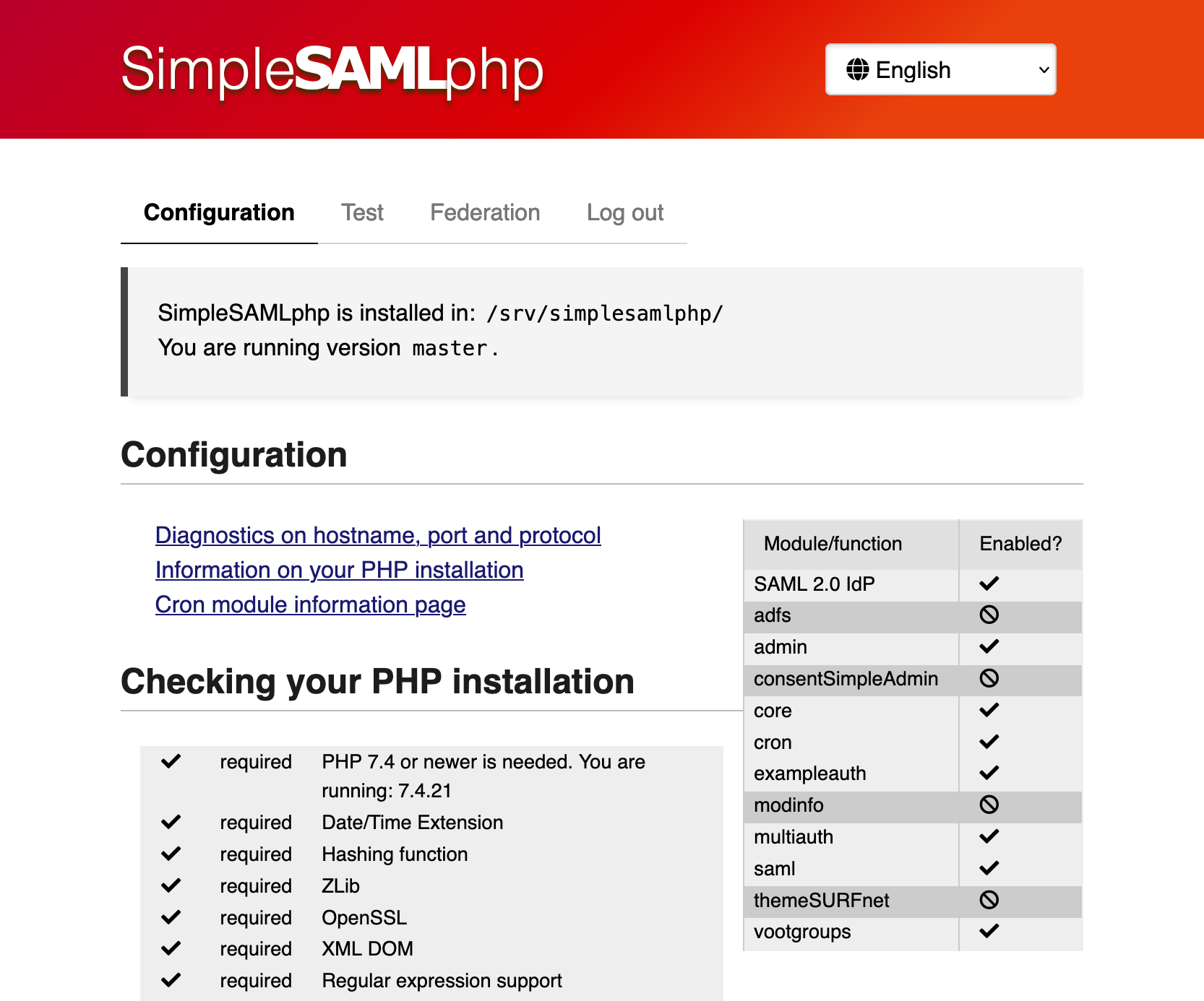 Screenshot of the SimpleSAMLphp installation page.